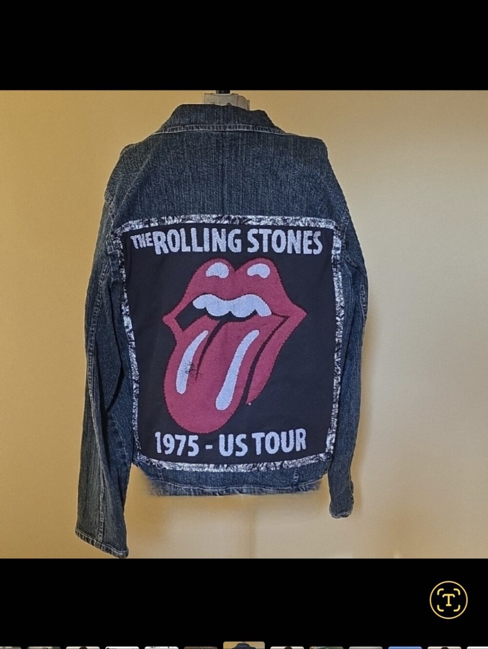 HAND CRAFTED Jacket UPCYCLED Blue Denim Embroidered Rolling Stones Tee Size L - Picture 5 of 13